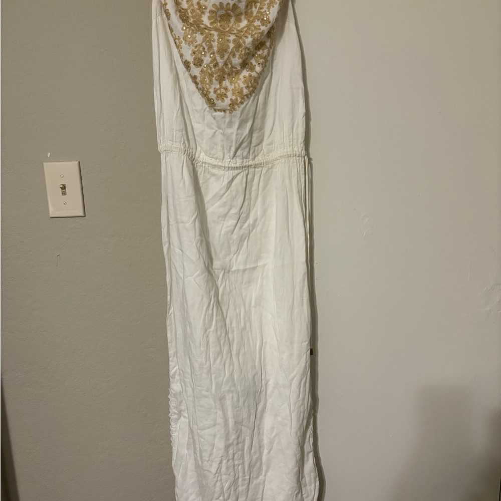 Strapless White Maxi Dress with Gold Embroidered Bodice #7